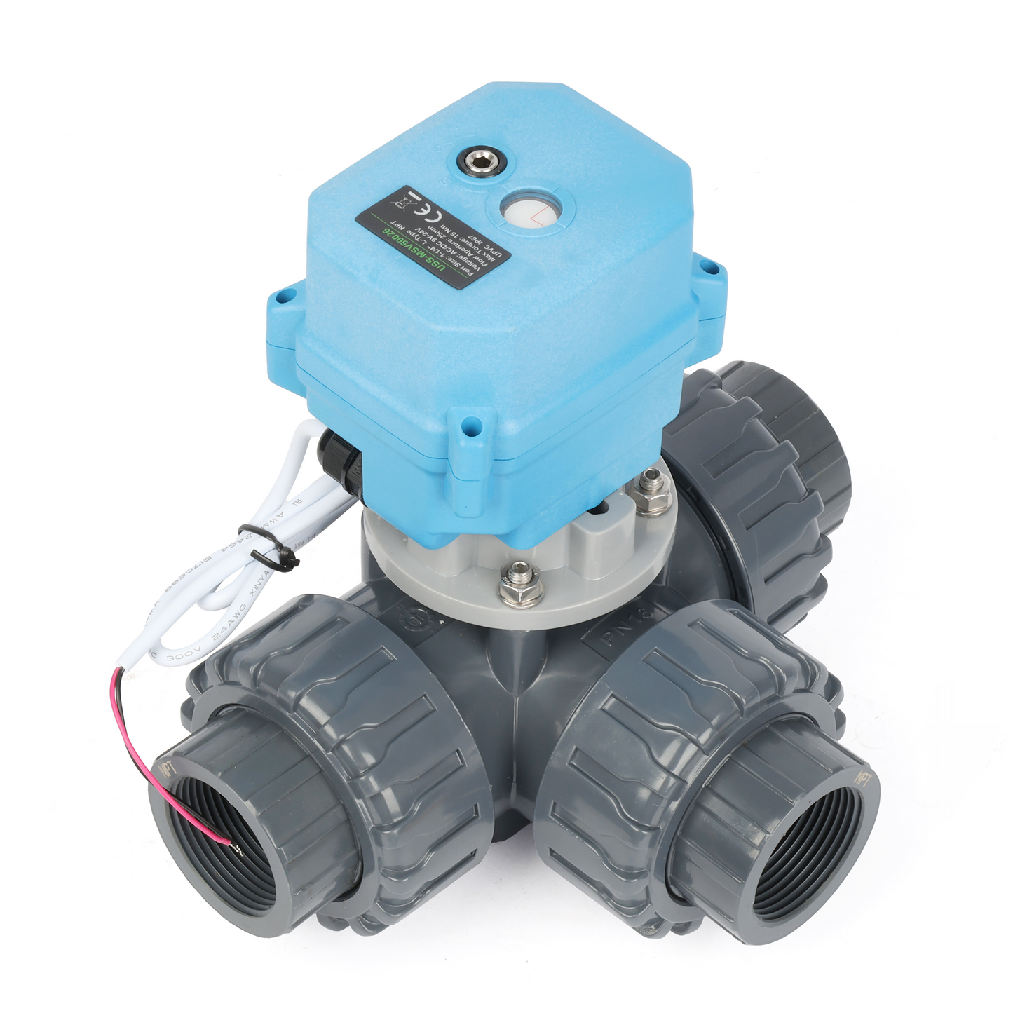 1-1/4" 3-vägs UPVC motoriserad kulventil, L-typ, 9–24V AC/DC, 2-tråds automatisk återgång, IP67 full port, normalt stängd med manuell återställning