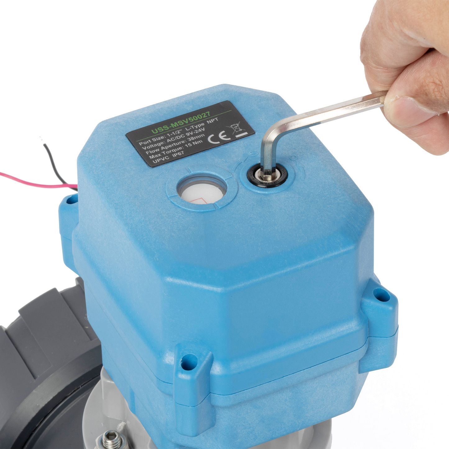 1-1/2" 3-vägs UPVC motoriserad kulventil, L-typ, 9–24V AC/DC, 2-tråds automatisk återgång, IP67 full port, normalt stängd med manuell återställning