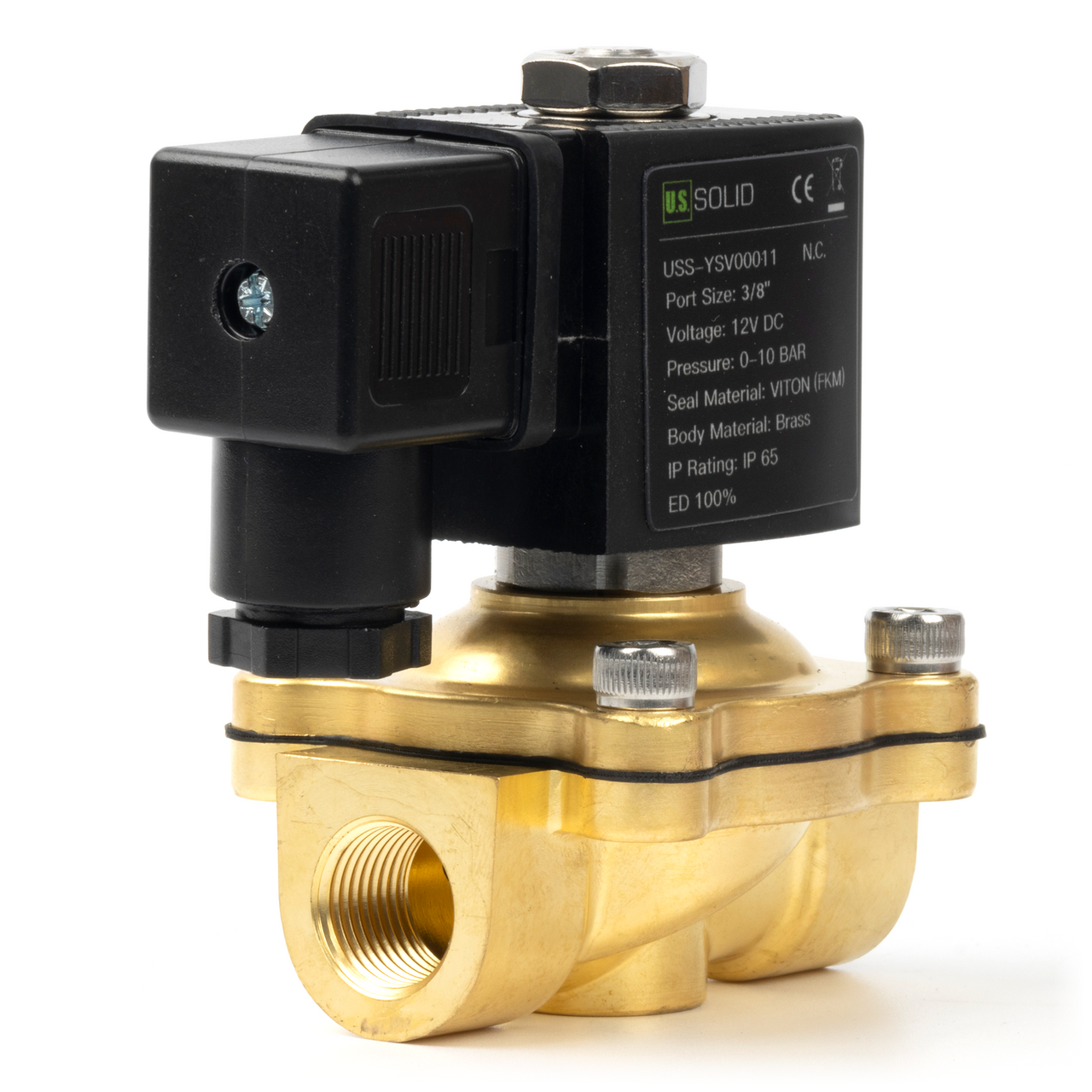 US Solid 3/8 Brass Solenoid Valve - 12V DC Normally Closed For Air, Water, Oil & Fuel