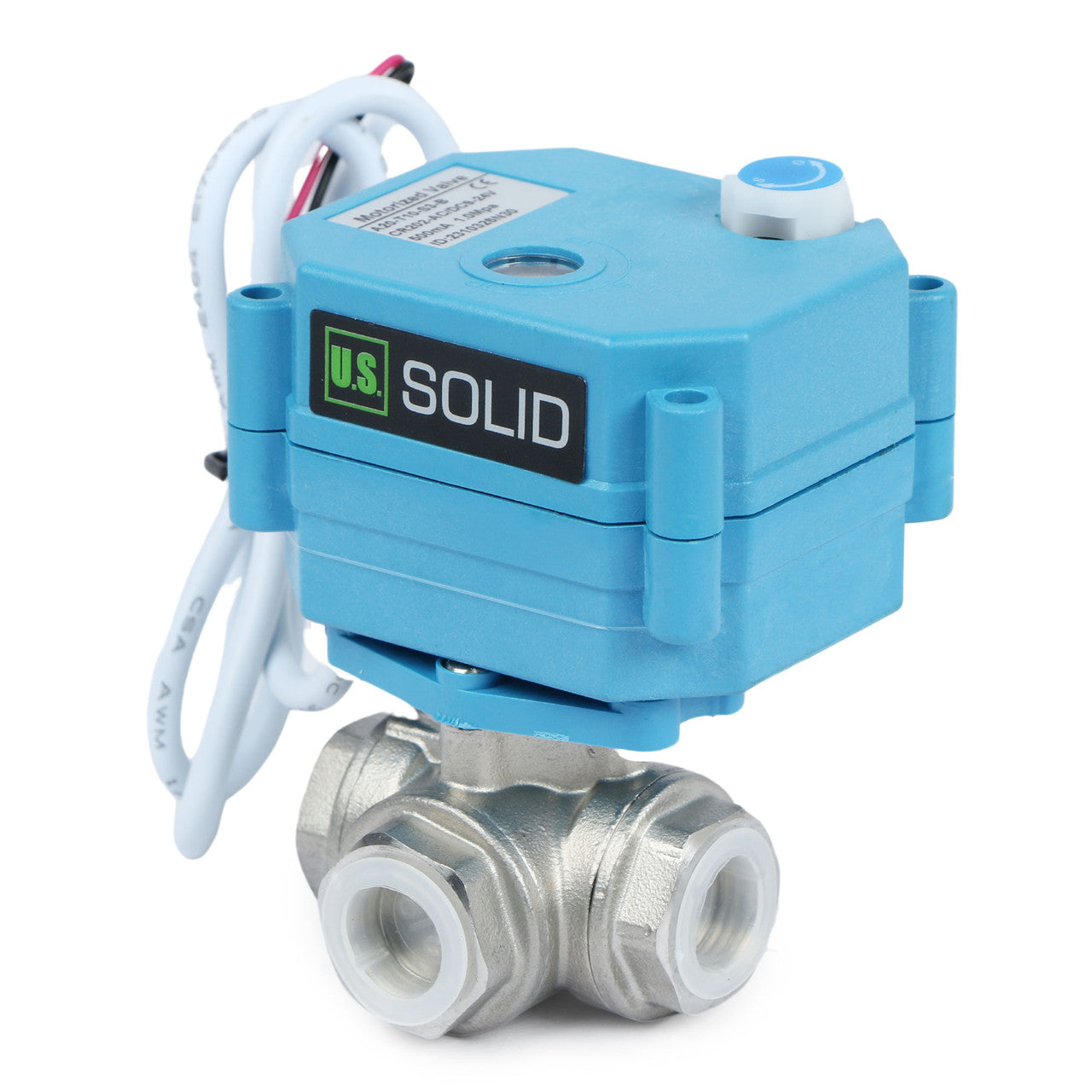 Valvola A Sfera Motorizzata 3 Vie U.S. Solid 1/2'' - Acciaio Inox, 9-24V AC/DC, Manual Override, Per Impianti Idrici, HVAC