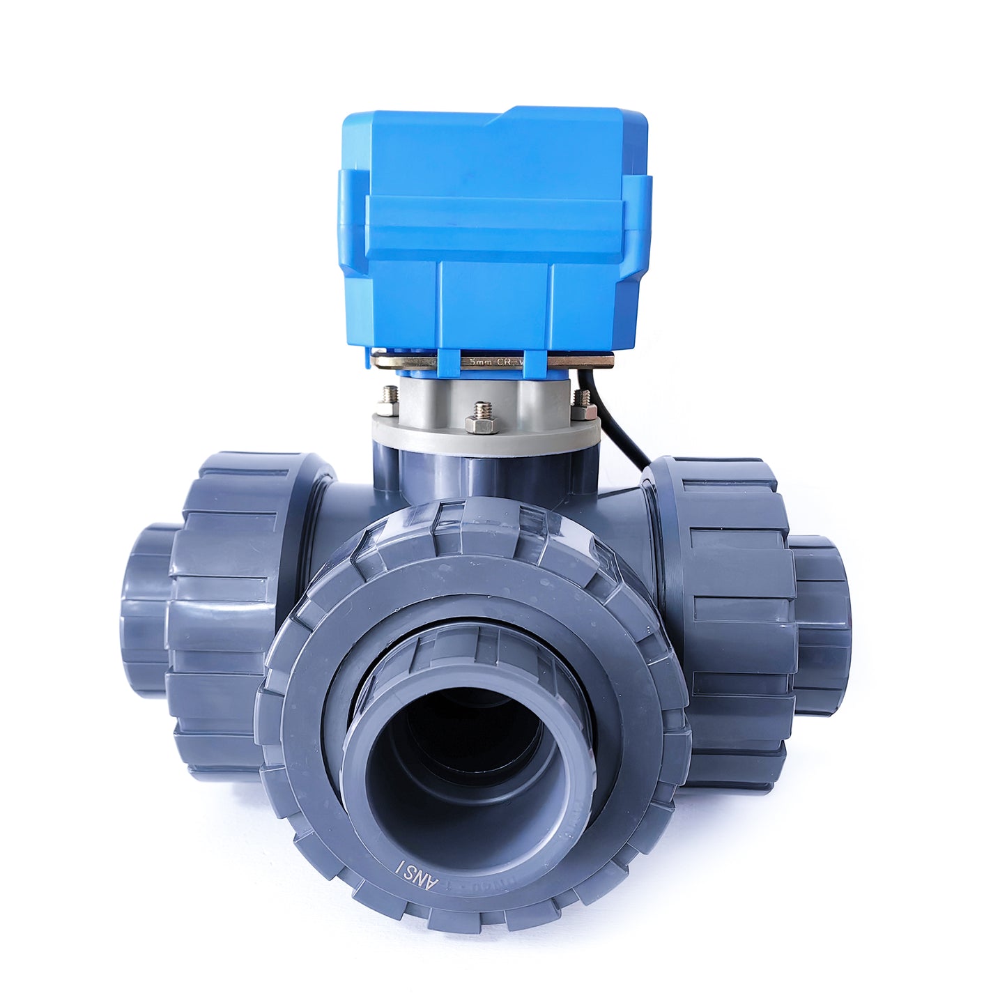 1-1/4" UPVC 3-Way Motorized Ball Valve (T1 Type), 5 Wire with Signal Feedback, Union & Socket End, DC 24V, with Manual Override