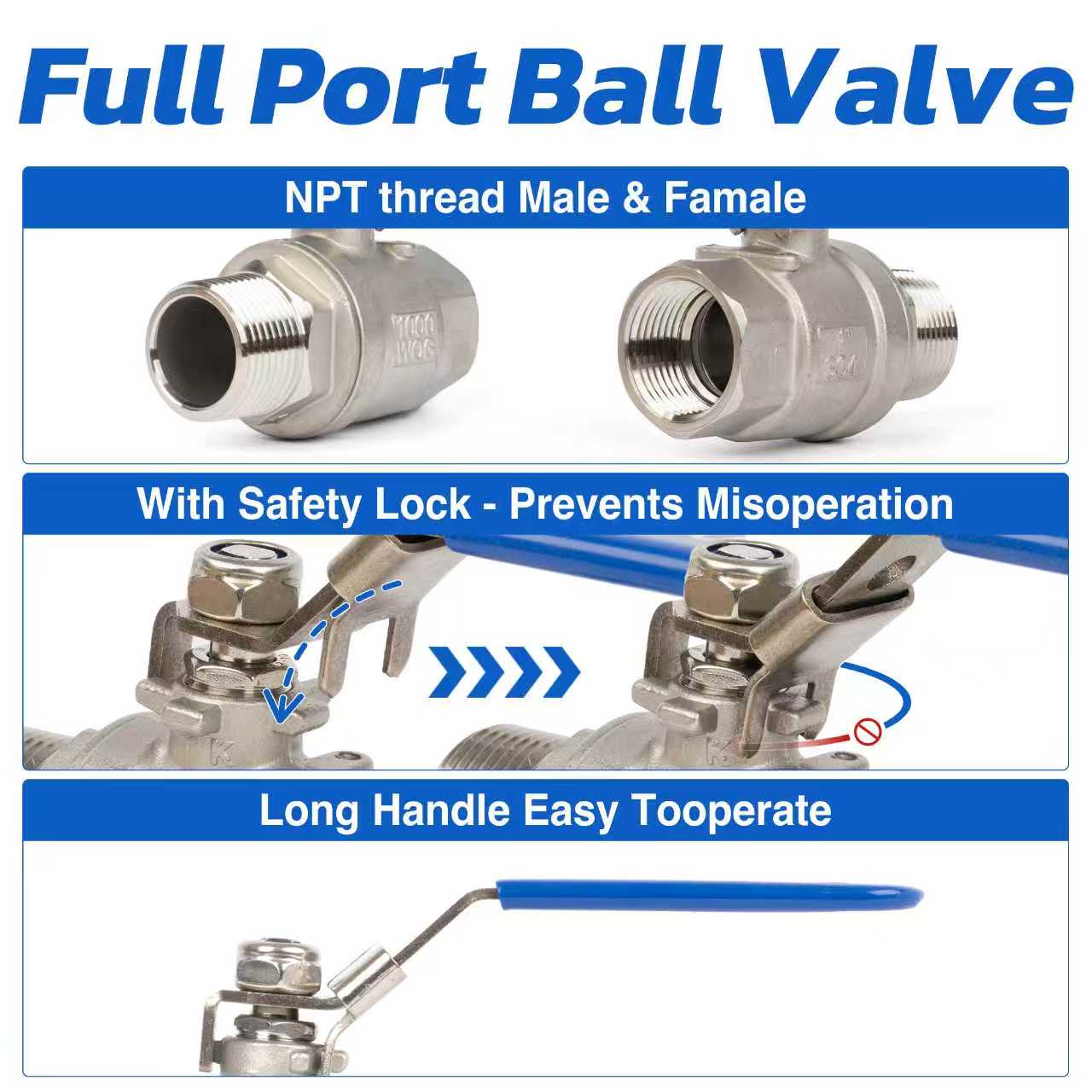 1/2" Ball Valve, Pack of 2 – Male x Female 316 Stainless Steel Heavy Duty, 1000WOG, Full Port with Anti-Misoperation Lock