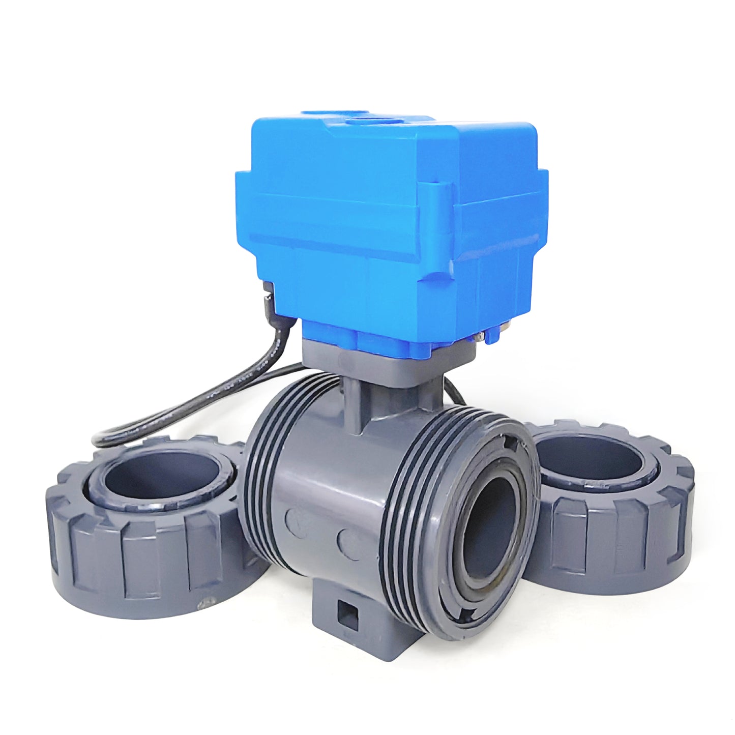 1-1/4" Double Union UPVC Motorized Ball Valve - DC 24V, 5-Wire with Signal Feedback, Auto Return, Normally Closed & Manual Override, EPDM Seal
