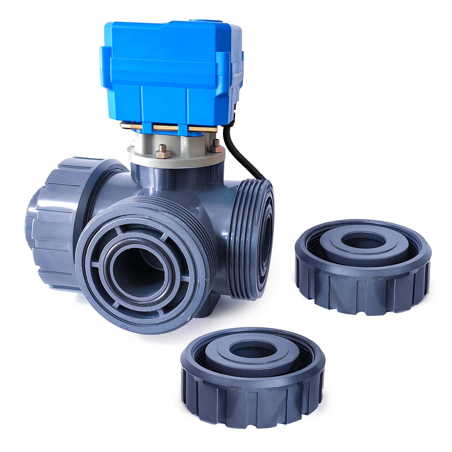 1-1/2" UPVC 3-Way Motorized Ball Valve (L Type), Union & Socket End, 3 Wire Single Control, DC 24V, with Manual Override