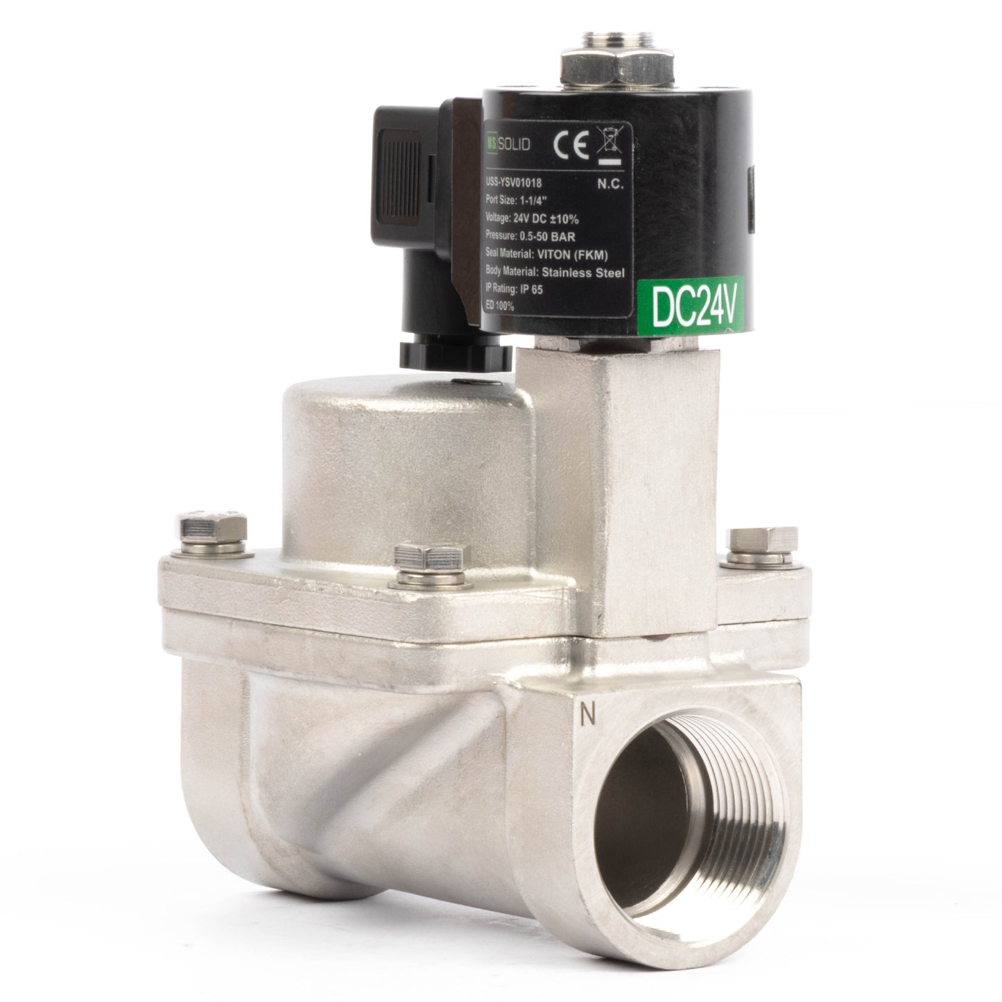 Électrovanne haute température - Acier inoxydable 1-1/4", 725 PSI, 24 V CC, 150 °C (302 °F), normalement fermée, joint VITON
