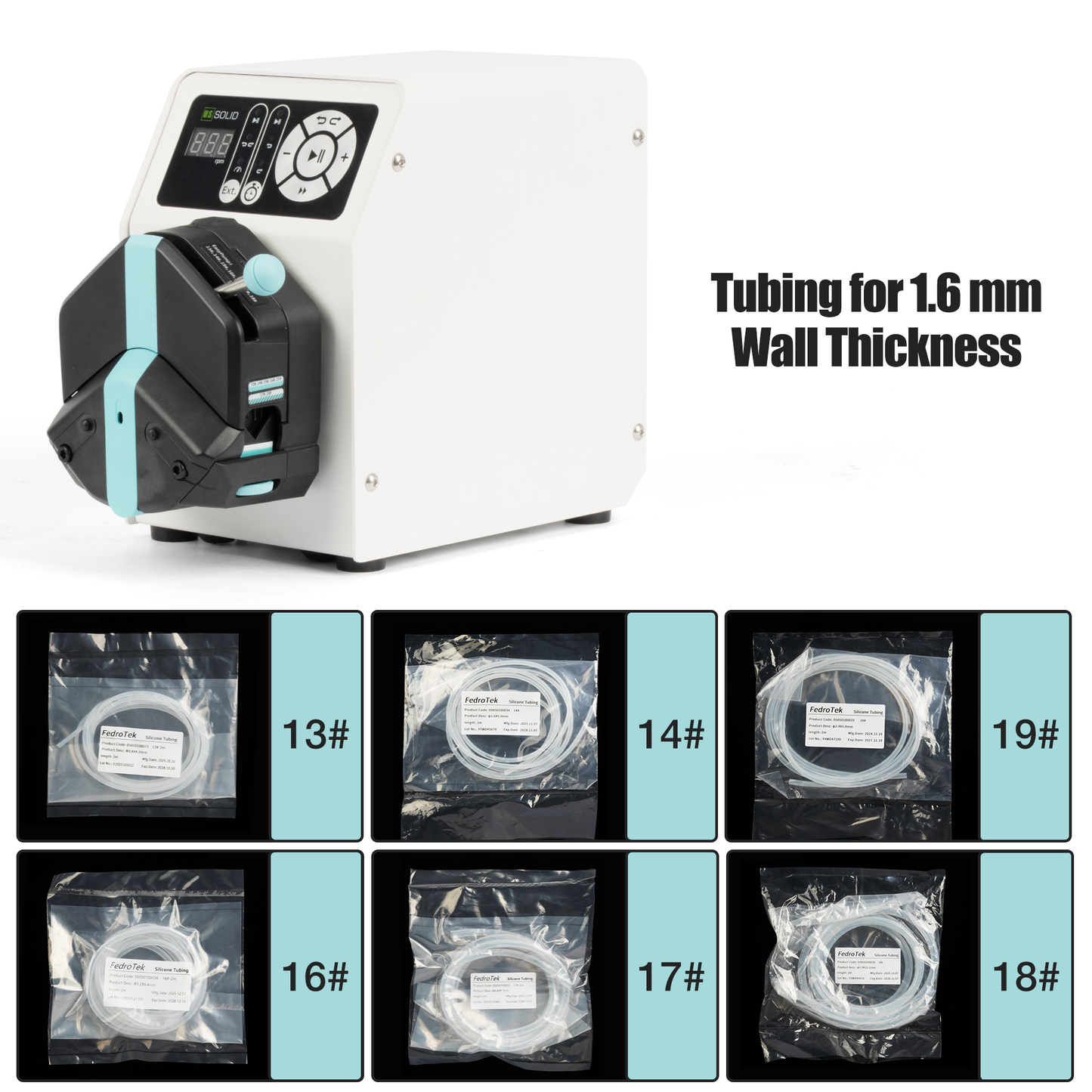 타이머 기능이 있는 소형 연동 펌프 - 1.6mm 벽 두께용 속도 조절 가능 단일 채널 (0.0053-2580mL/min)