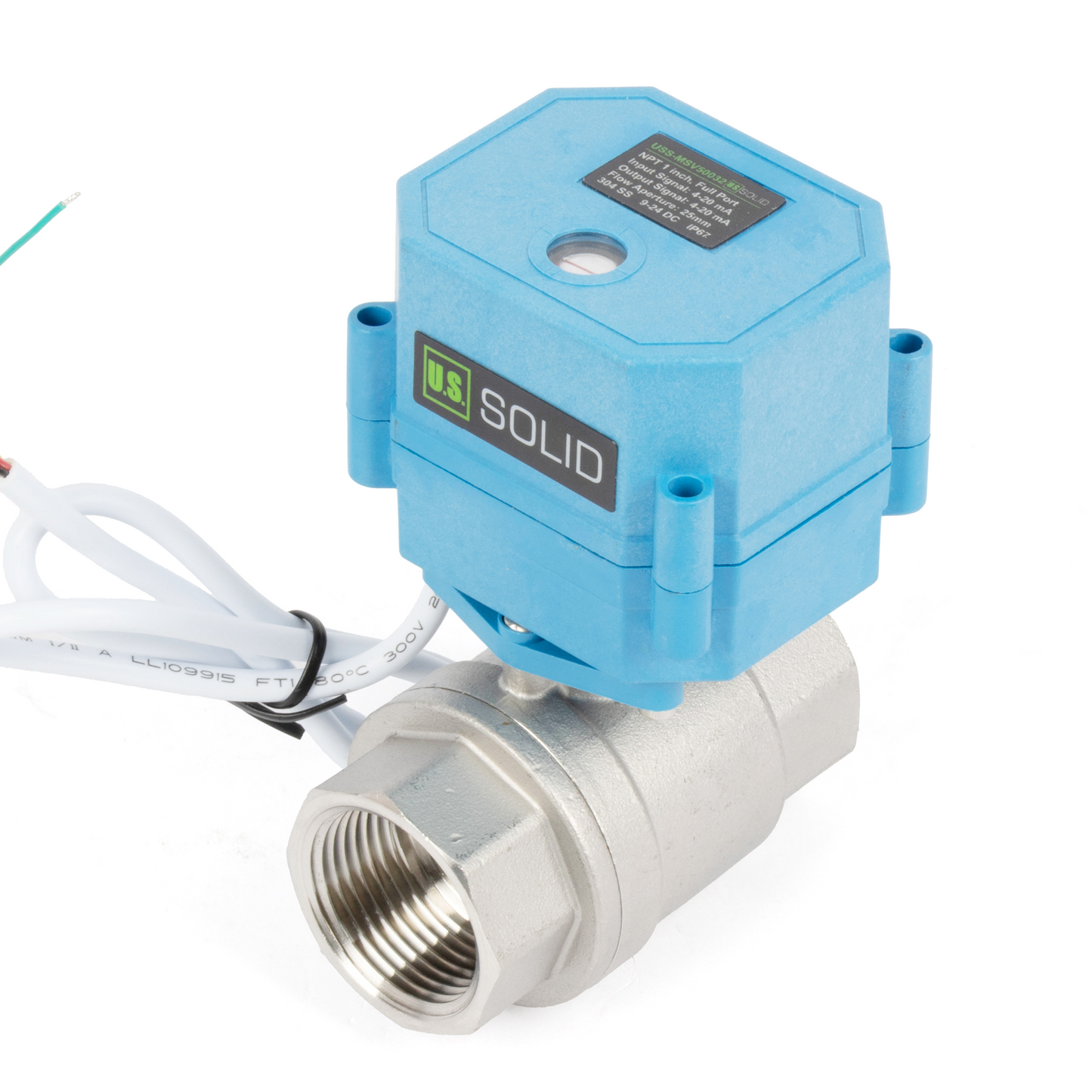 Válvula de bola motorizada proporcional de 1" - Acero inoxidable, CC 9-24 V, 5 hilos con indicador de posición, IP67, paso completo