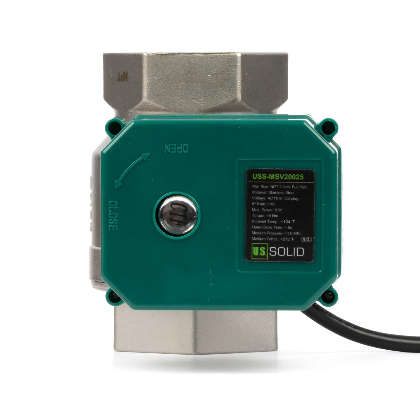 U.S. Solid 2" motoriseret kugleventil, 110VAC, rustfrit stål, automatisk retur, normalt lukket, med amerikansk stik