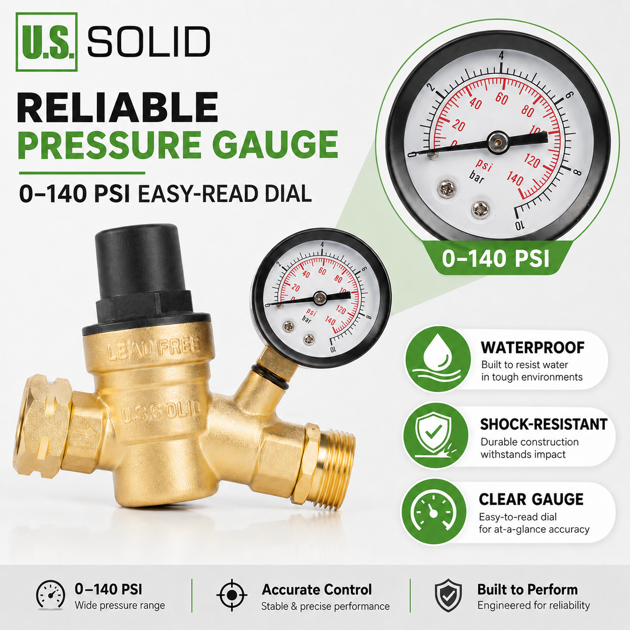 3/4" GHT RV Water Pressure Regulator - Screwdriver Adjustable, Brass, with Gauge & Inlet Filter