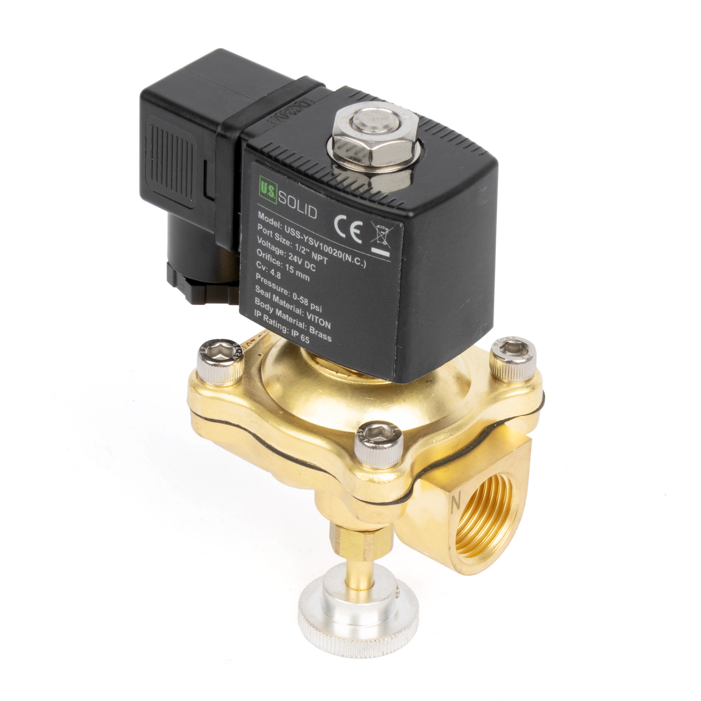 Válvula solenoide elétrica de latão de 3/4", acionamento manual, normalmente fechada, 24 V CA