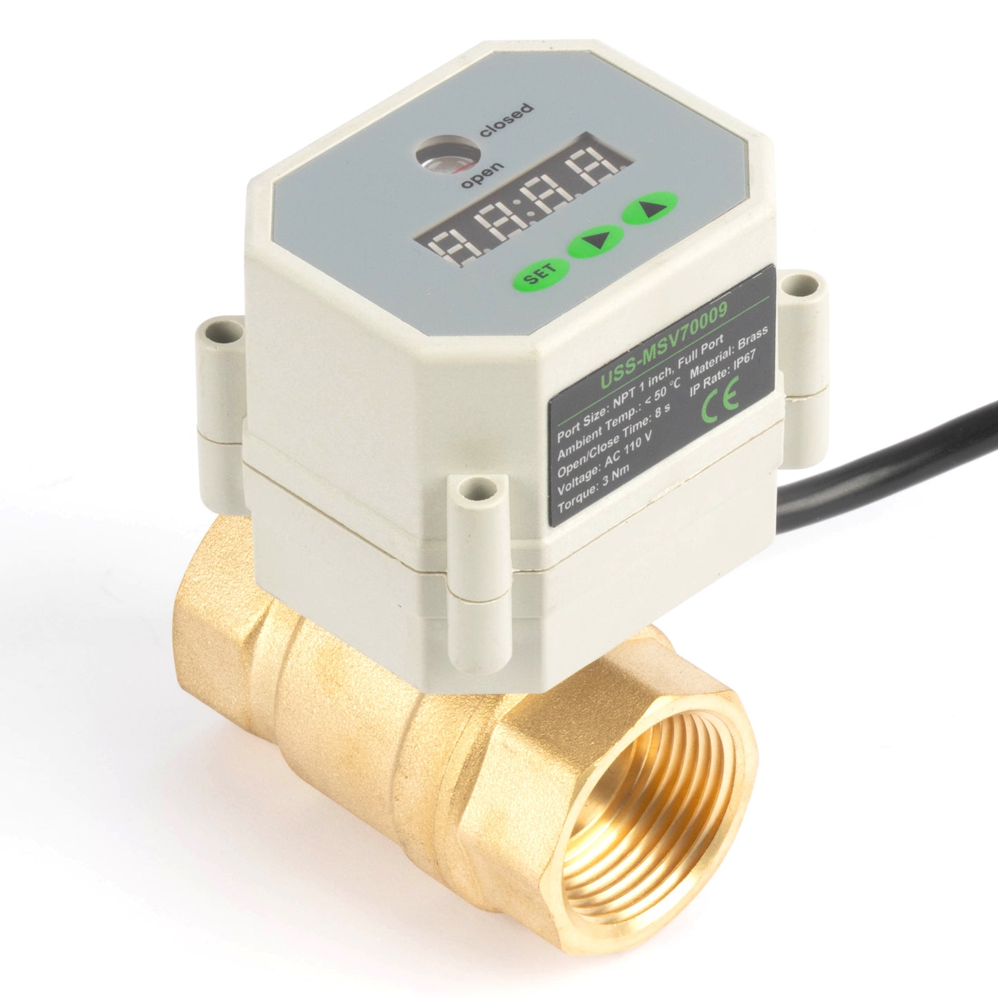 Válvula de bola motorizada de 1/2" y 2 vías con temporizador - Válvula de drenaje automática de latón con control de temporización de 00:00 a 99:59:59, IP67, CA/CC 9–24 V