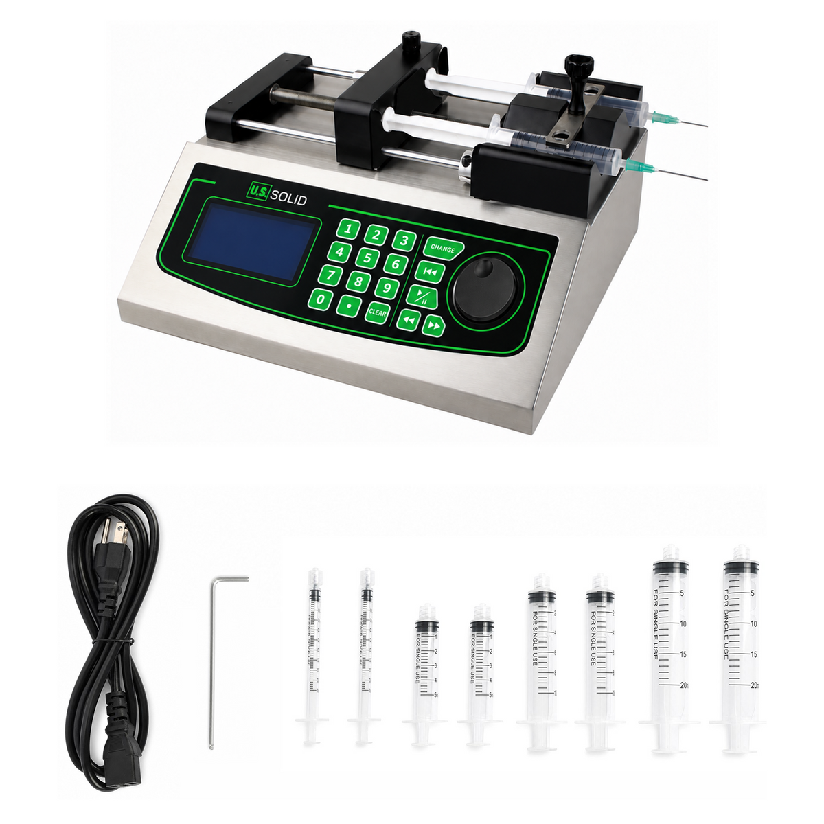 Pompa jarum suntik infus dua saluran, 0,001 µL/menit hingga 150,5 mL/menit, daya dorong 280N.