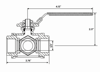 1/2" 三通球阀 - 304 不锈钢手动球阀，L 型安装垫