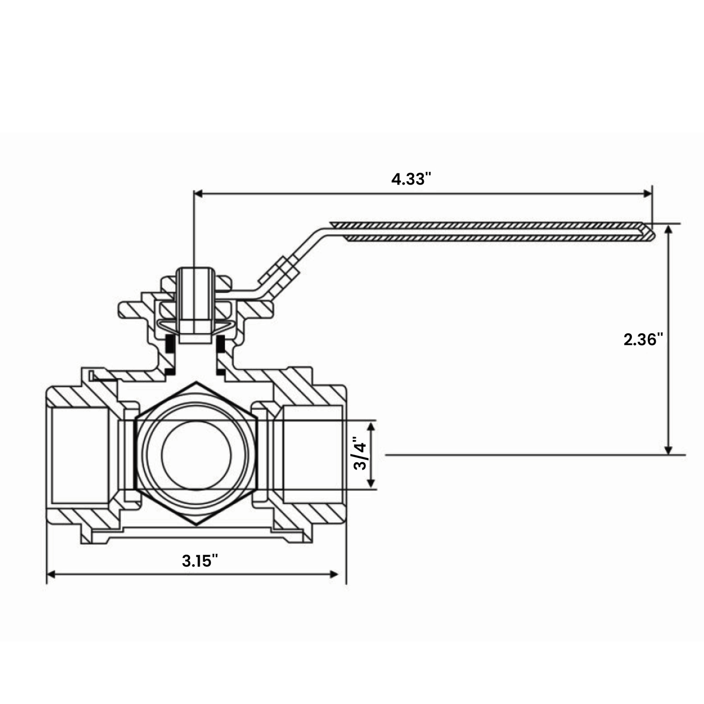3/4" 三通球阀 - 304 不锈钢手动球阀，T 型安装垫