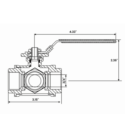 3/4" 三通球阀 - 304 不锈钢手动球阀，T 型安装垫