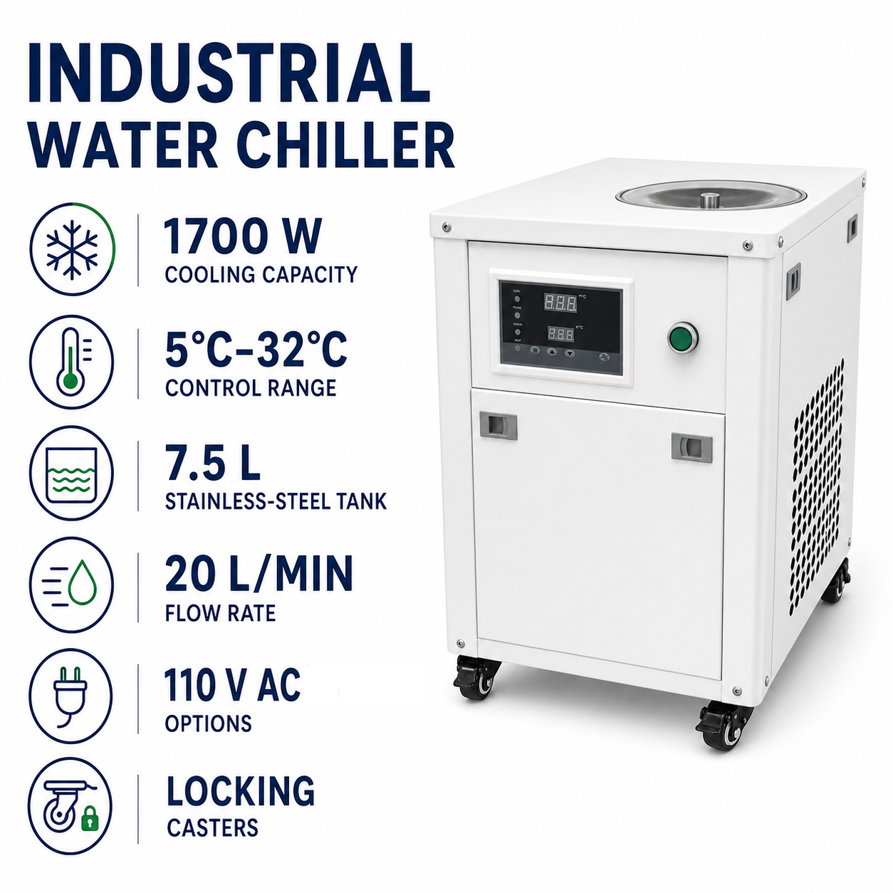 7.5L Industrial Water Chiller for CO2 Laser Engraver Cutter & Induction Heater, 1.7kW Cooling Capacity, 20L/min, Available with 110V or 220V Power Options