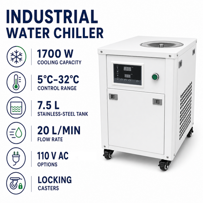 7.5L Industrial Water Chiller for CO2 Laser Engraver Cutter & Induction Heater, 1.7kW Cooling Capacity, 20L/min, Available with 110V or 220V Power Options