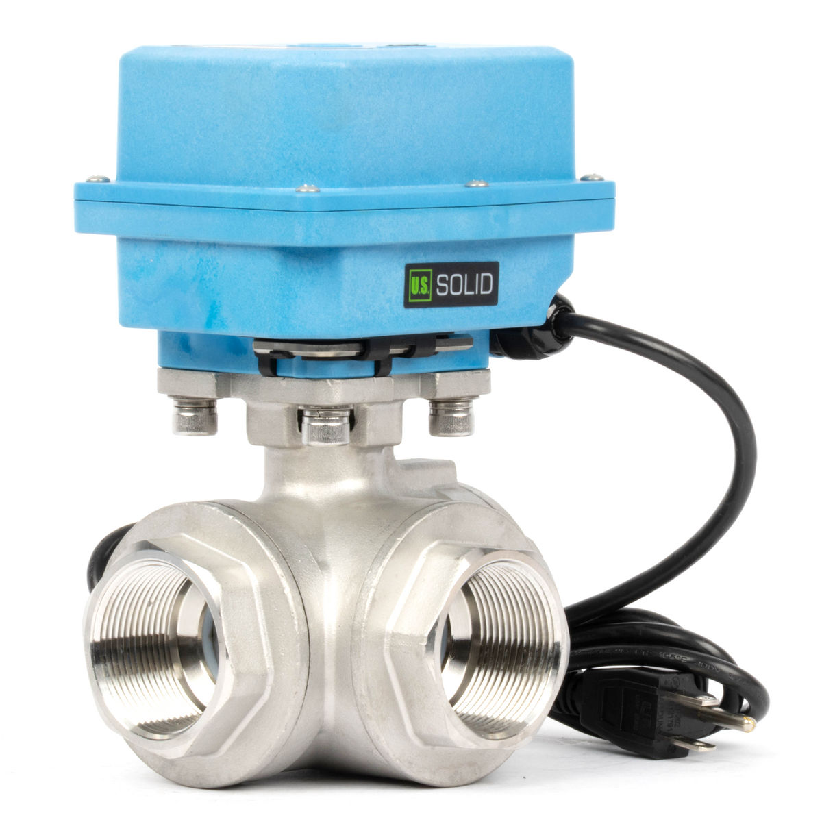 1-1/2" 3-Wege-Kugelhahn aus Messing mit Motorantrieb und Kegel, 110/220 V AC, L-Form, Standardanschluss mit manueller Funktion, IP67