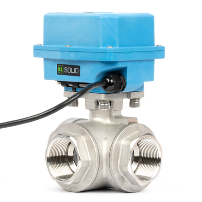 1-1/2" 3-Wege-Kugelhahn aus Messing mit Motorantrieb und Kegel, 110/220 V AC, L-Form, Standardanschluss mit manueller Funktion, IP67