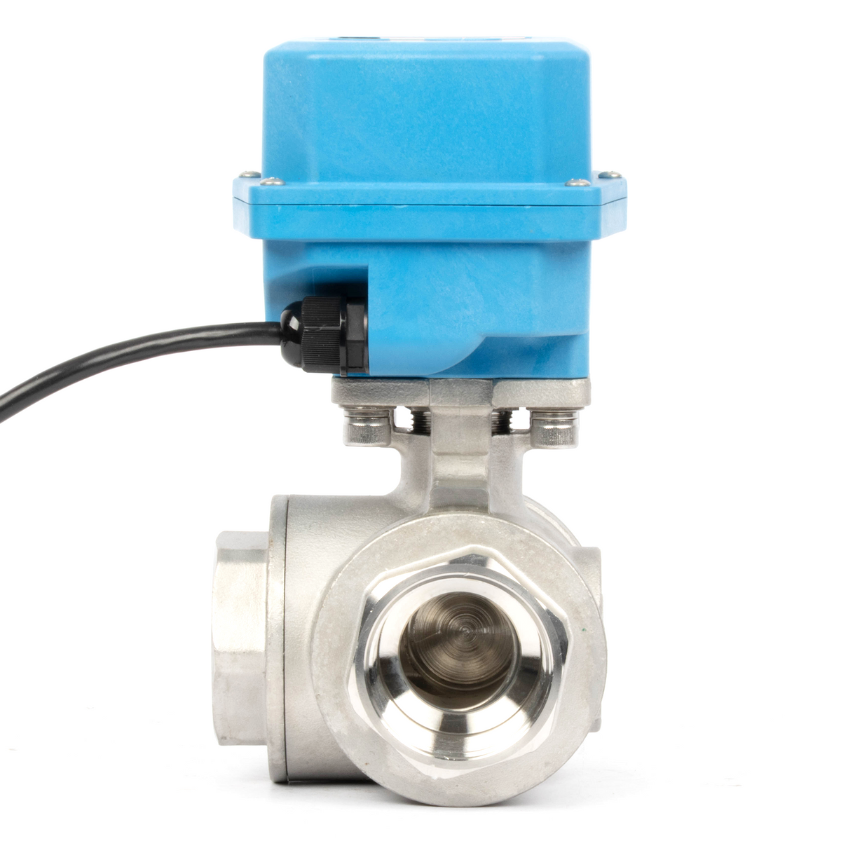 1-1/2" 3-Wege-Kugelhahn aus Messing mit Motorantrieb und Kegel, 110/220 V AC, L-Form, Standardanschluss mit manueller Funktion, IP67