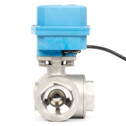 1-1/2" 3-Wege-Kugelhahn aus Messing mit Motorantrieb und Kegel, 110/220 V AC, L-Form, Standardanschluss mit manueller Funktion, IP67