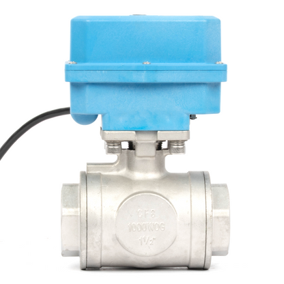 1-1/2" 3-Wege-Kugelhahn aus Messing mit Motorantrieb und Kegel, 110/220 V AC, L-Form, Standardanschluss mit manueller Funktion, IP67