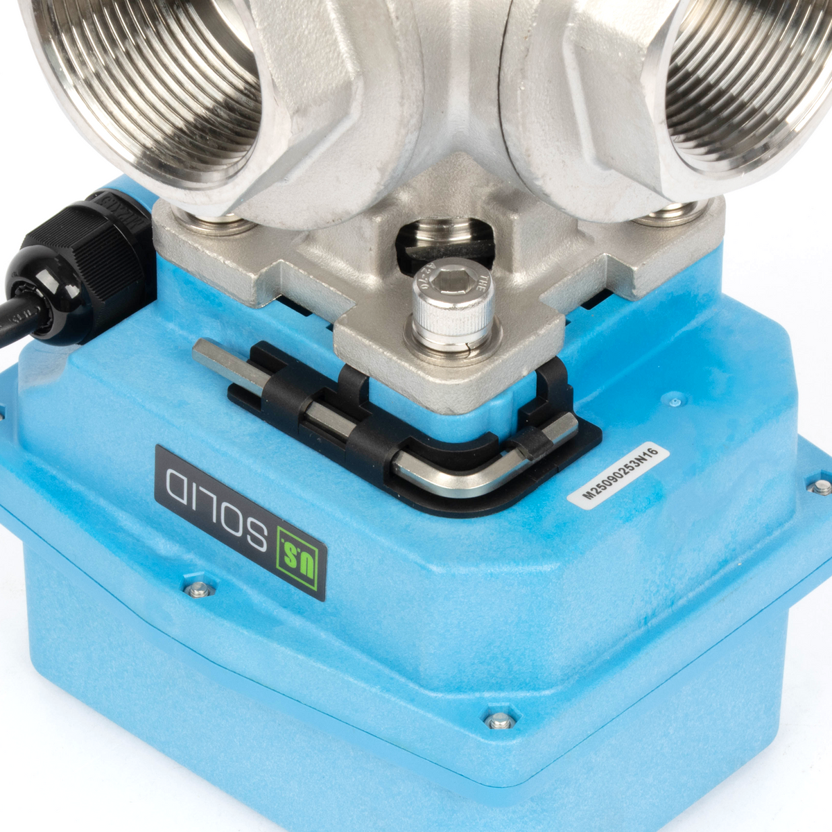 1-1/2" 3-Wege-Kugelhahn aus Messing mit Motorantrieb und Kegel, 110/220 V AC, L-Form, Standardanschluss mit manueller Funktion, IP67