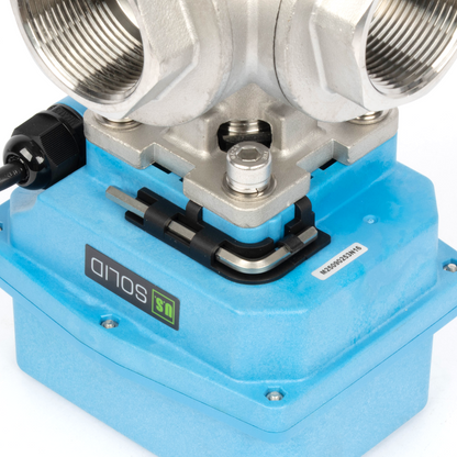 1-1/2" 3-Wege-Kugelhahn aus Messing mit Motorantrieb und Kegel, 110/220 V AC, L-Form, Standardanschluss mit manueller Funktion, IP67