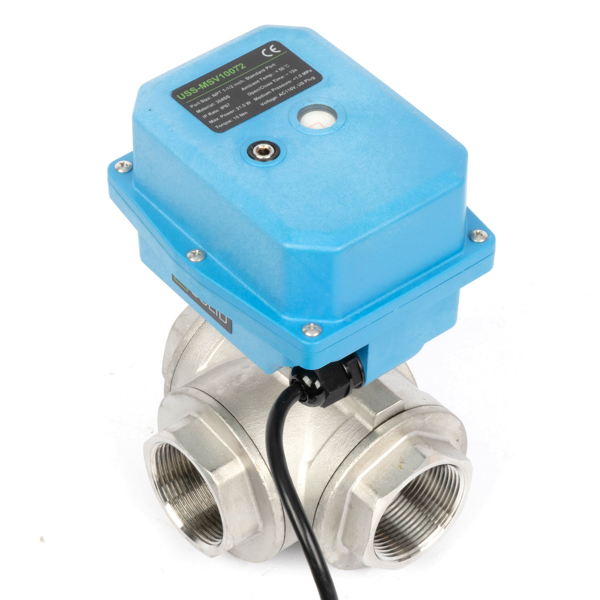 1-1/2" 3-Wege-Kugelhahn aus Messing mit Motorantrieb und Kegel, 110/220 V AC, L-Form, Standardanschluss mit manueller Funktion, IP67