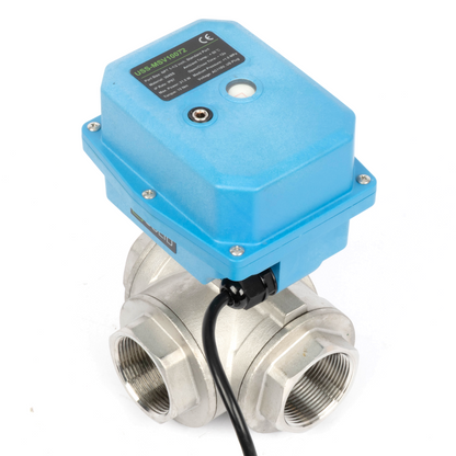 1-1/2" 3-Wege-Kugelhahn aus Messing mit Motorantrieb und Kegel, 110/220 V AC, L-Form, Standardanschluss mit manueller Funktion, IP67