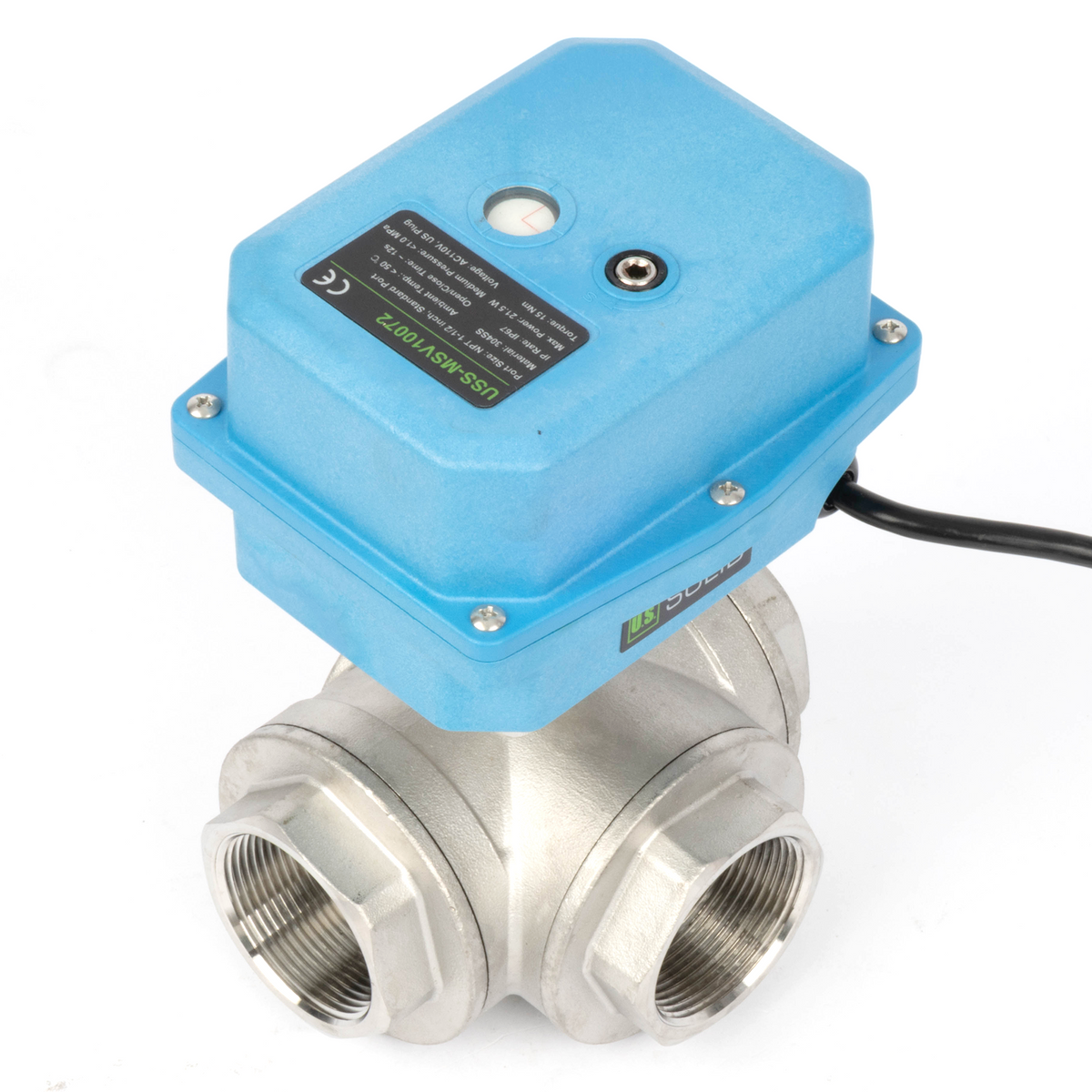 1-1/2" 3-Wege-Kugelhahn aus Messing mit Motorantrieb und Kegel, 110/220 V AC, L-Form, Standardanschluss mit manueller Funktion, IP67