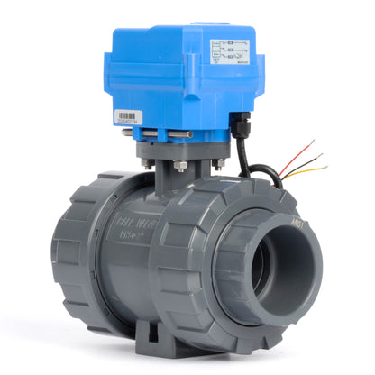 วาล์วบอลแบบมอเตอร์ไฟฟ้า UPVC ขนาด 2 นิ้ว ข้อต่อคู่ - DC 24V, 3 สาย ควบคุมเดี่ยว พร้อมระบบควบคุมด้วยมือ และซีล EPDM