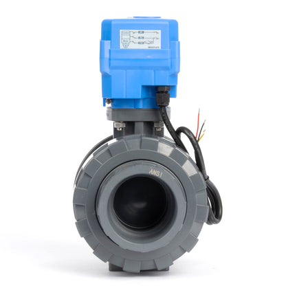 วาล์วบอลแบบมอเตอร์ไฟฟ้า UPVC ขนาด 2 นิ้ว ข้อต่อคู่ - DC 24V, 3 สาย ควบคุมเดี่ยว พร้อมระบบควบคุมด้วยมือ และซีล EPDM