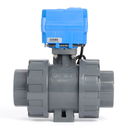 วาล์วบอลแบบมอเตอร์ไฟฟ้า UPVC ขนาด 2 นิ้ว ข้อต่อคู่ - DC 24V, 3 สาย ควบคุมเดี่ยว พร้อมระบบควบคุมด้วยมือ และซีล EPDM