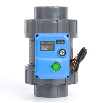วาล์วบอลแบบมอเตอร์ไฟฟ้า UPVC ขนาด 2 นิ้ว ข้อต่อคู่ - DC 24V, 3 สาย ควบคุมเดี่ยว พร้อมระบบควบคุมด้วยมือ และซีล EPDM