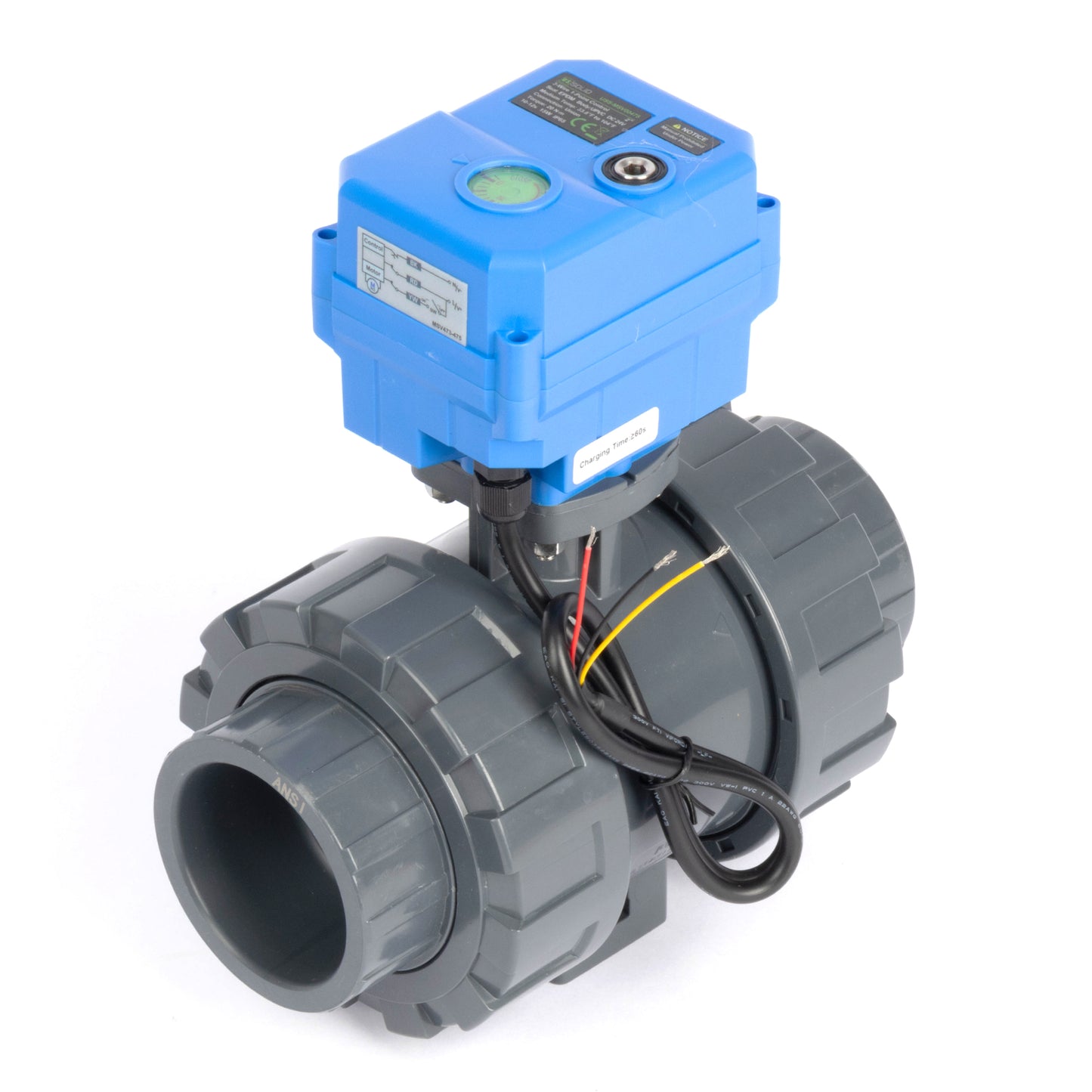 วาล์วบอลแบบมอเตอร์ไฟฟ้า UPVC ขนาด 2 นิ้ว ข้อต่อคู่ - DC 24V, 3 สาย ควบคุมเดี่ยว พร้อมระบบควบคุมด้วยมือ และซีล EPDM