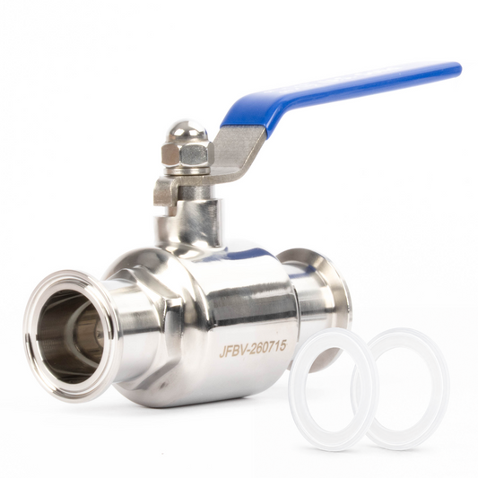 Válvula de esfera Tri Clamp de 1-1/2" em aço inoxidável 304 (diâmetro externo do tubo de 1-1/2") com 2 juntas de silicone.