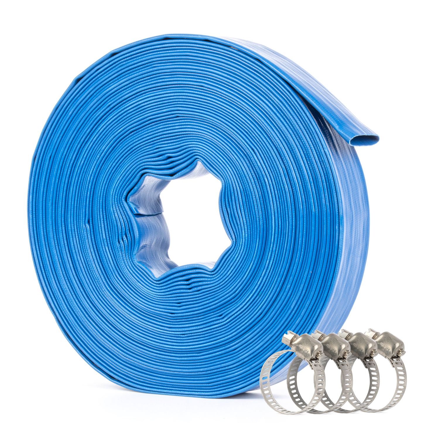 Selang PVC Pipih Bertulang 1,5" x 100 kaki - Dinding 1,2mm, 4 Penjepit Selang (Tanpa Fitting)