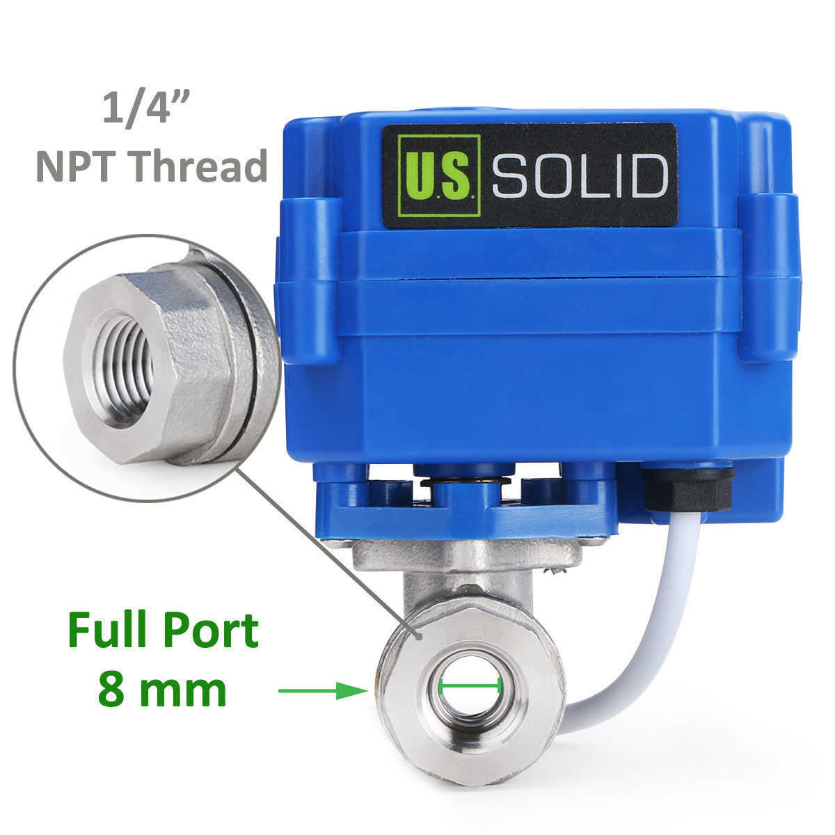 U.S. Solid Motorized Ball Valve- 1/4” Stainless Steel Electrical Ball Valve with Full Port, 9-24 V AC/DC, 2 Wire Auto Return, Normally Open