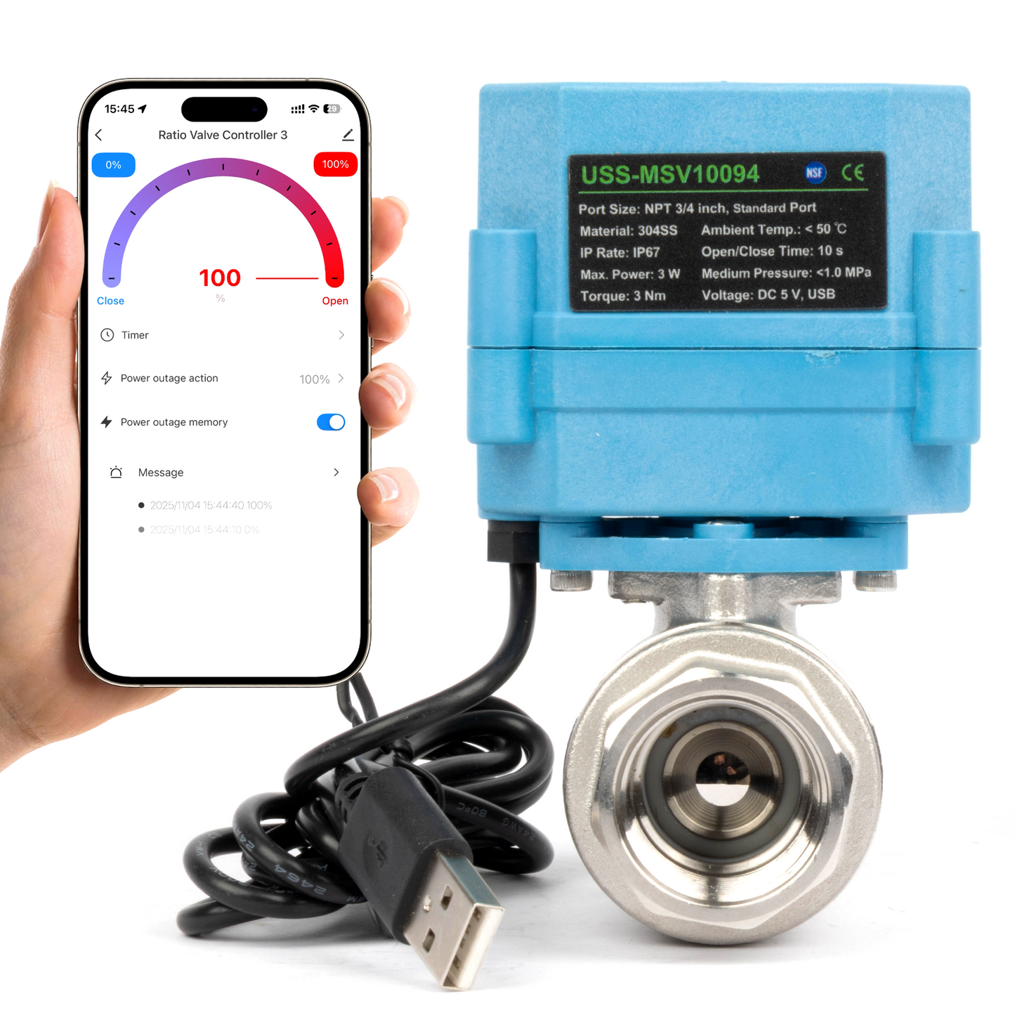 Έξυπνη μηχανοκίνητη μπάλα WiFi 3/4" 2 κατευθύνσεων από ανοξείδωτο ατσάλι, τροφοδοσία USB, ένδειξη κατάστασης LED, πιστοποίηση NSF