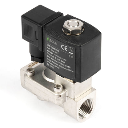 Électrovanne en acier inoxydable 1/2" - 110 V / 220 V CA, normalement fermée, 4,4-232 PSI, joint VITON