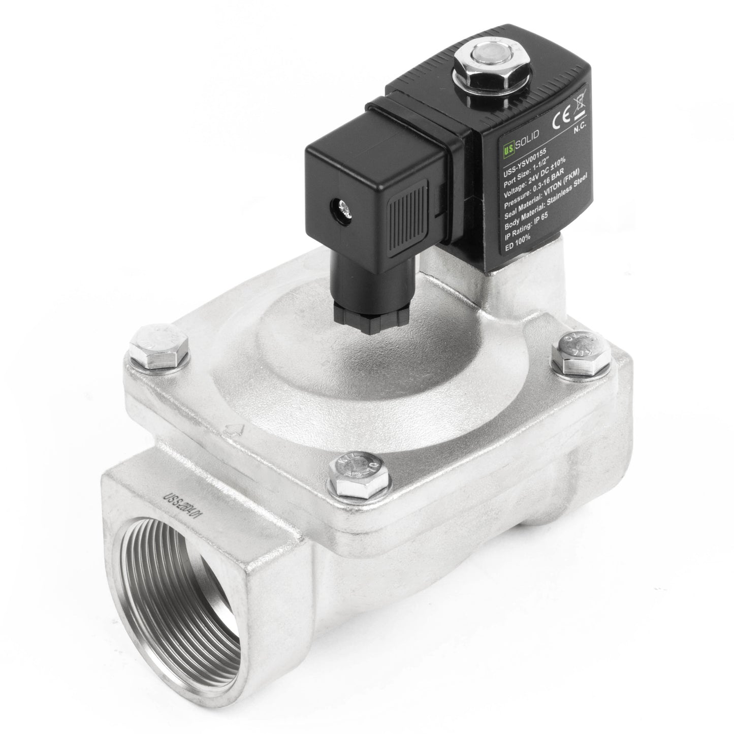 Válvula solenoide de acero inoxidable de 1-1/2" - 24 V CC, normalmente cerrada, 4.4-232 PSI, junta de VITON