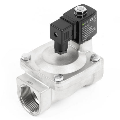 Válvula solenoide de acero inoxidable de 1-1/2" - 24 V CC, normalmente cerrada, 4.4-232 PSI, junta de VITON