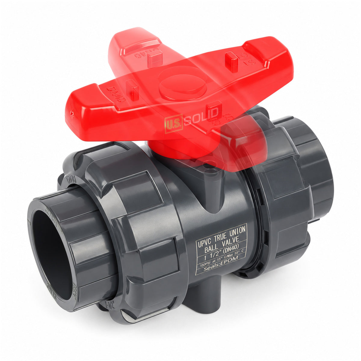 Valvola a sfera True Union in PVC da 1-1/2", passaggio totale, attacco a innesto, compatibile con Schedule 40 e 80, 150 psi, sede in PTFE, O-ring in EPDM.