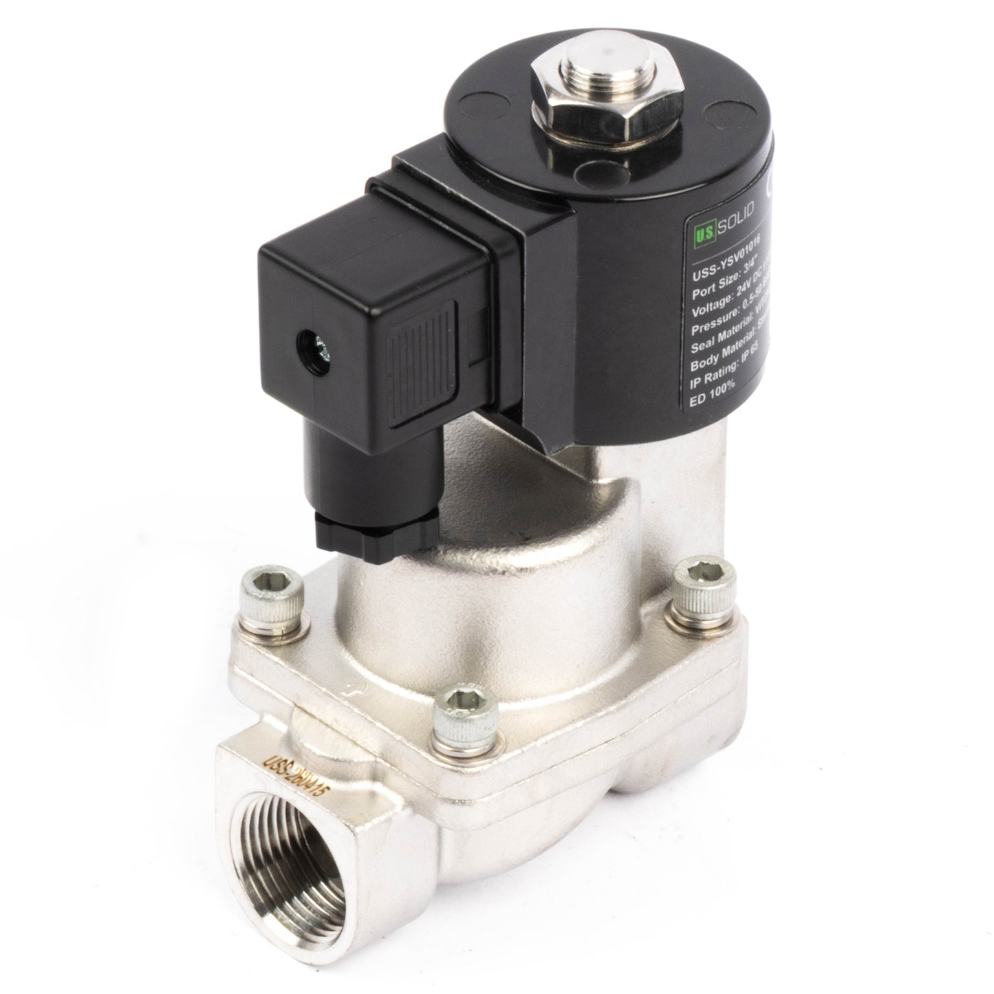 Högtemperaturmagnetventil - 3/4" rostfritt stål, 725 PSI, 24V DC, 302°F (150°C), normalt stängd, VITON-tätning
