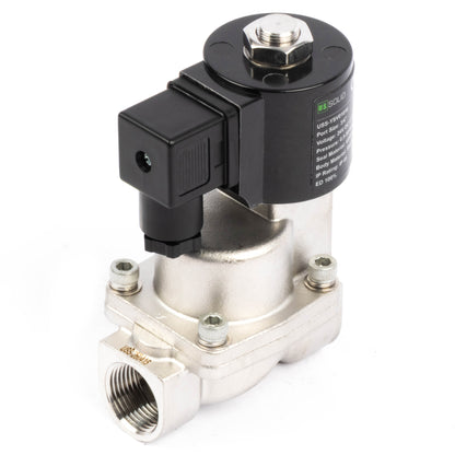 Högtemperaturmagnetventil - 3/4" rostfritt stål, 725 PSI, 24V DC, 302°F (150°C), normalt stängd, VITON-tätning