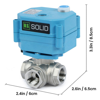 U.S. Solid 3/8" 3 Way Stainless Steel Motorized Ball Valve, AC110-230V, L Type, Standard Port, with Manual Function, IP67