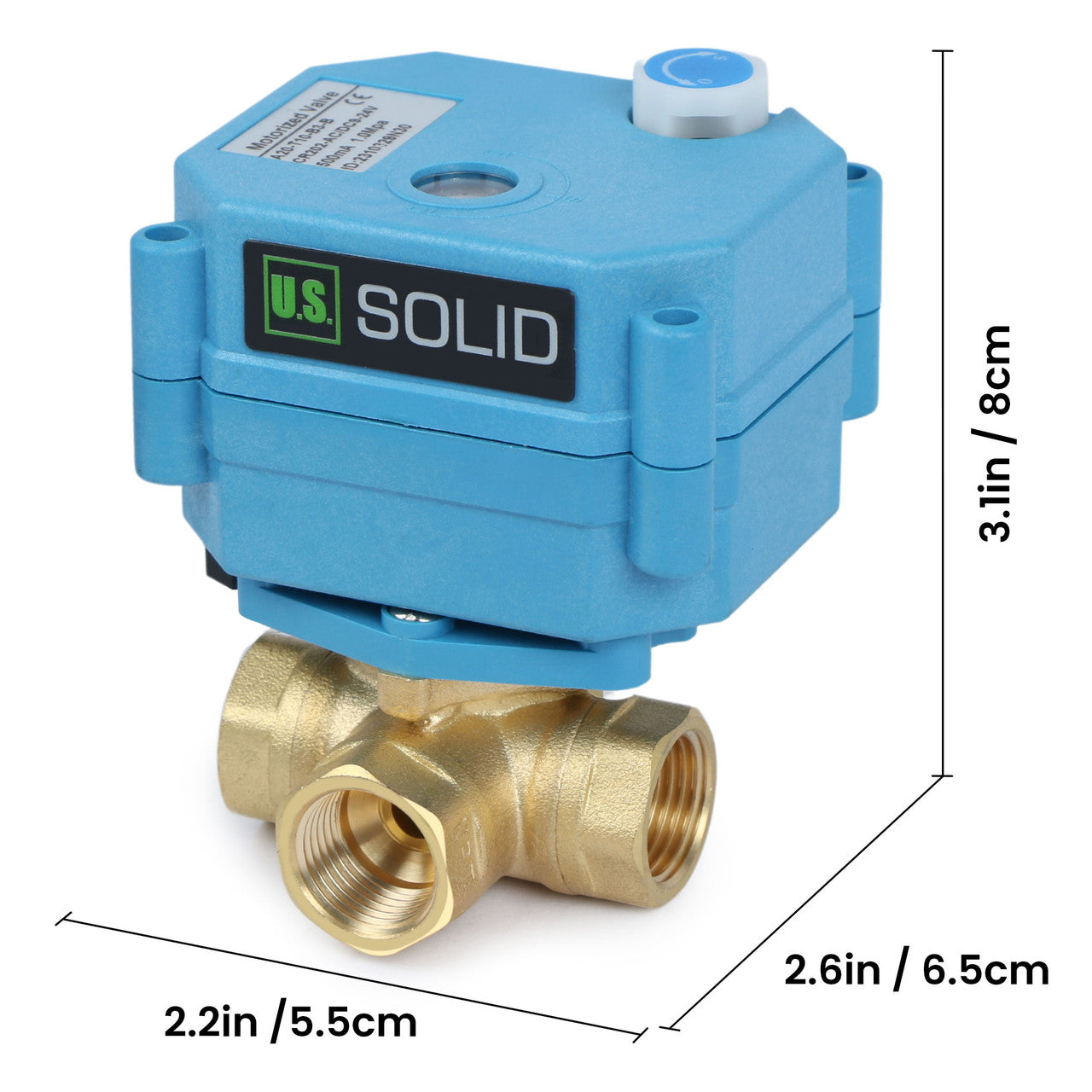 U.S. Solid 3/8" 3 Way Brass Motorized Ball Valve, 9-24V AC/DC, L Type, Standard Port, with Manual Function, IP67