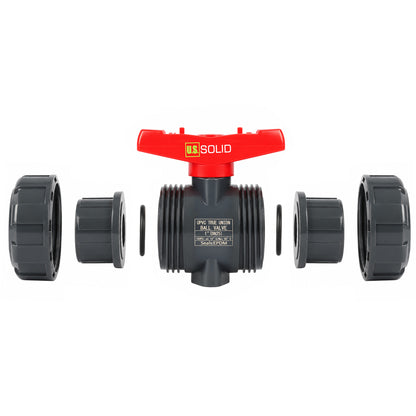 Vanne à bille à union véritable en PVC 1", passage intégral, emboîtement coulissant, compatible Schedule 40 et 80, 150 psi, siège en PTFE, joint torique en EPDM, lot de 2