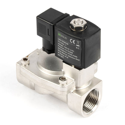 Válvula solenoide de 1" em aço inoxidável - 110V/220V AC, normalmente fechada, 4,4-232 PSI, com vedação em VITON.